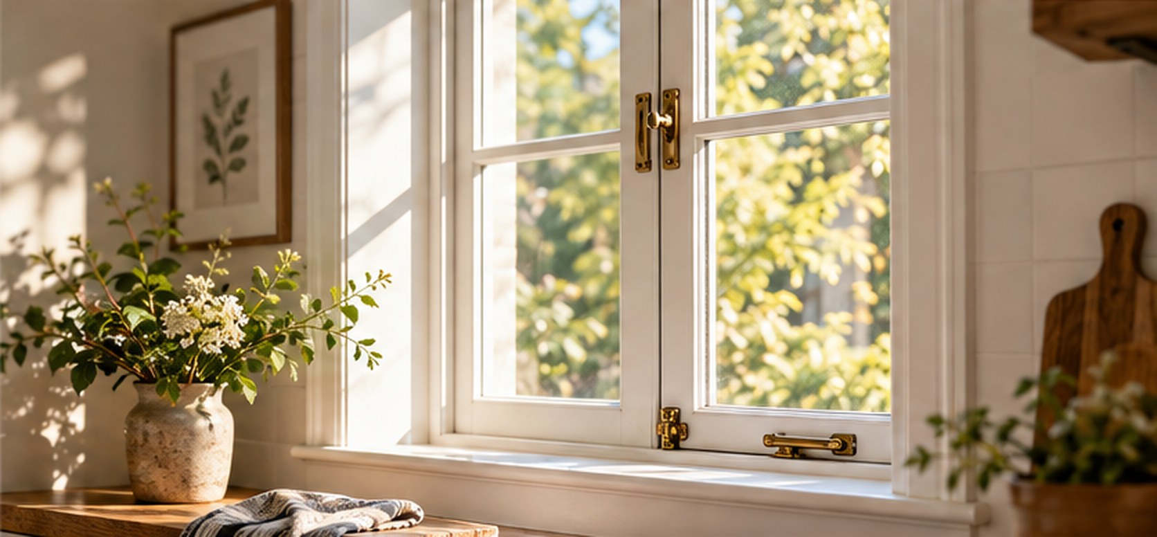 Sunlit white wood casement window with brass latches